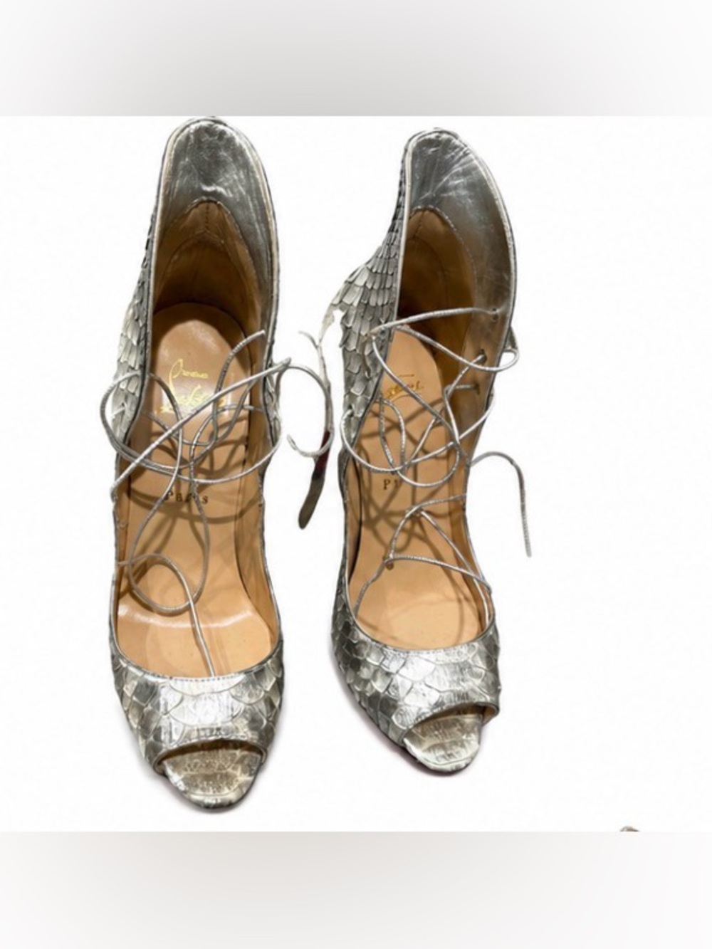 Christian Louboutin Metallic Silver Lace-Up Peep Toe Heels